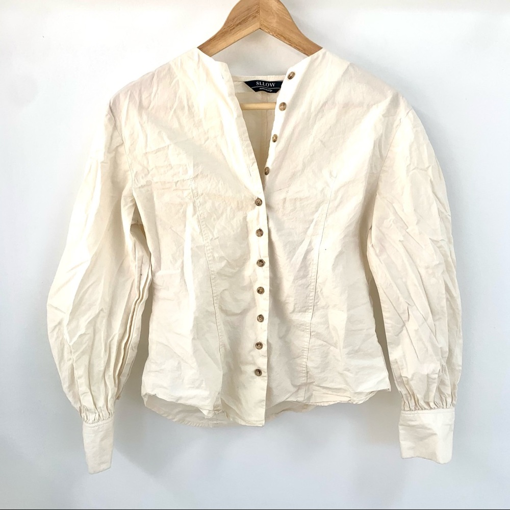 cottage core ballon sleeve button-up off white